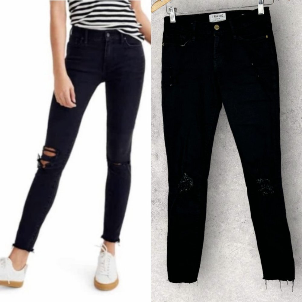 Frame Denim Le Skinny de Jeanne Black Distressed Denim Jeans Raw Hem Size 26